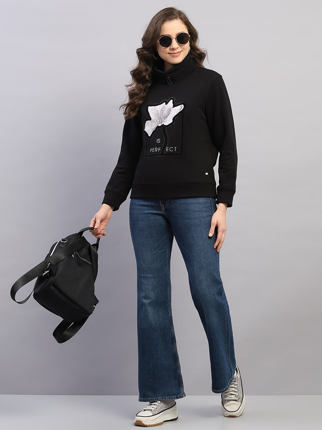 Women Black Printed High Neck Full Sleeve Sweatshirt