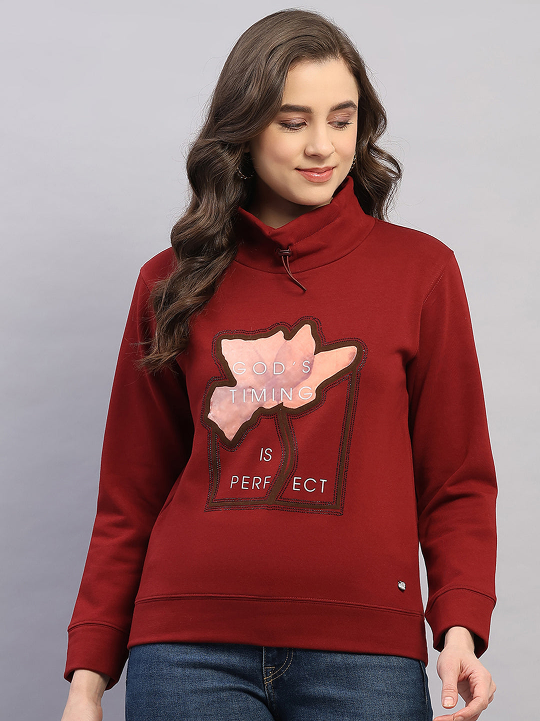 Women Rust Printed High Neck Full Sleeve Sweatshirt