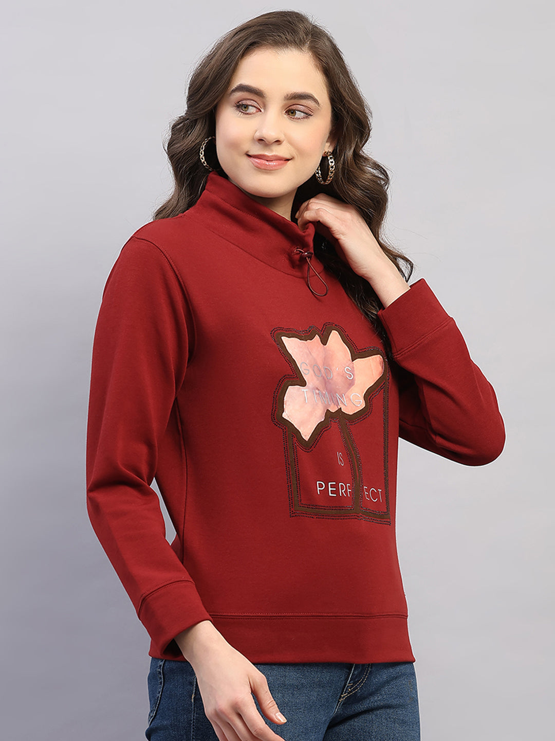 Women Rust Printed High Neck Full Sleeve Sweatshirt