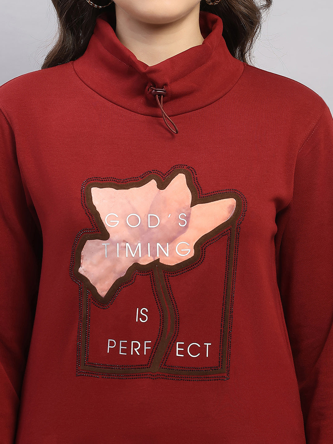 Women Rust Printed High Neck Full Sleeve Sweatshirt