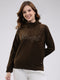 Women Brown Self Design High Neck Full Sleeve Sweatshirt