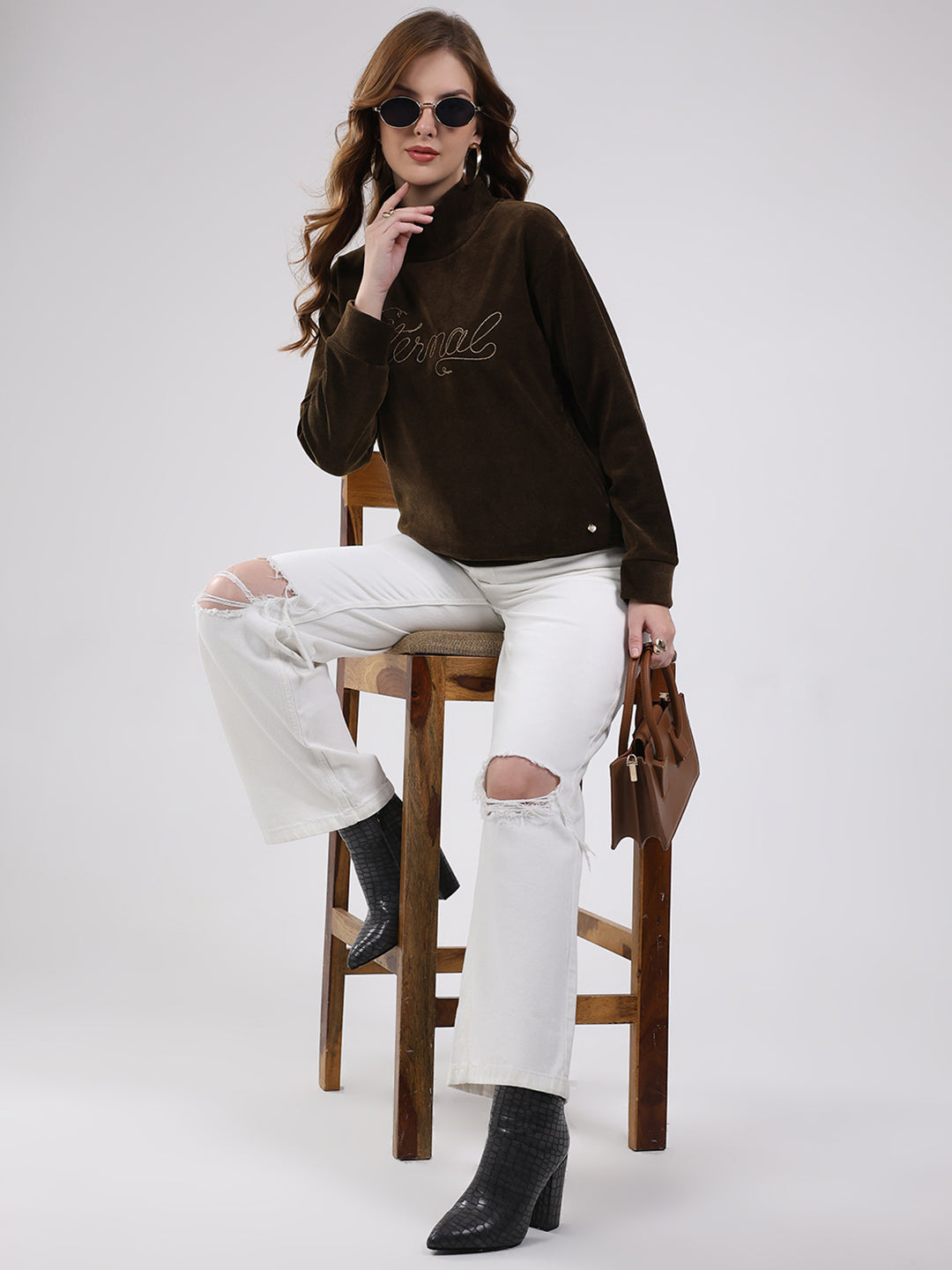 Women Brown Self Design High Neck Full Sleeve Sweatshirt
