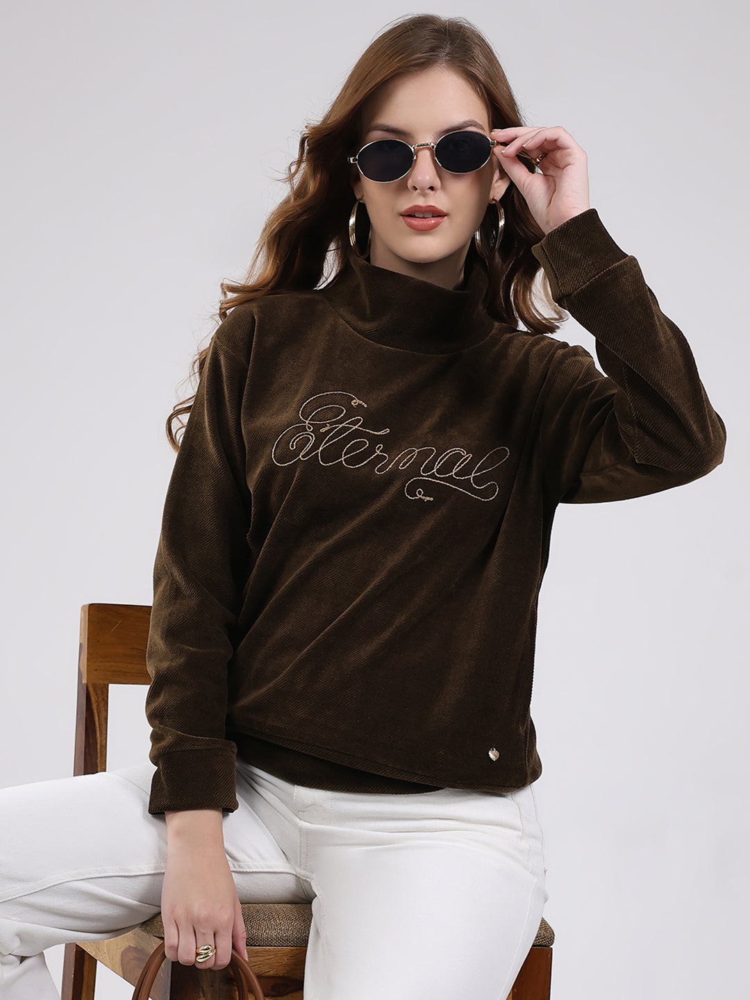 Women Brown Self Design High Neck Full Sleeve Sweatshirt