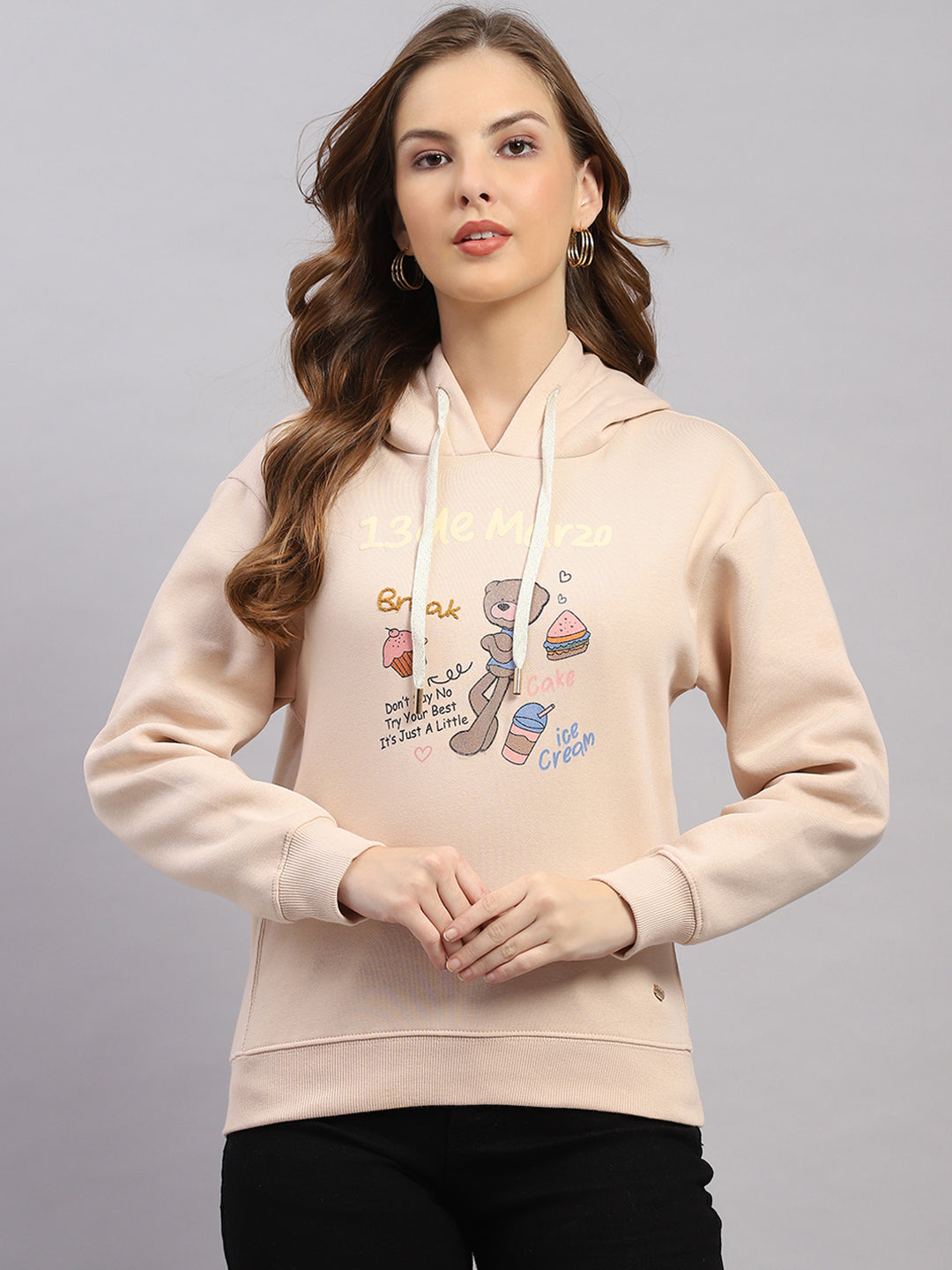Women Beige Printed Hooded Full Sleeve Sweatshirt