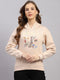Women Beige Printed Hooded Full Sleeve Sweatshirt
