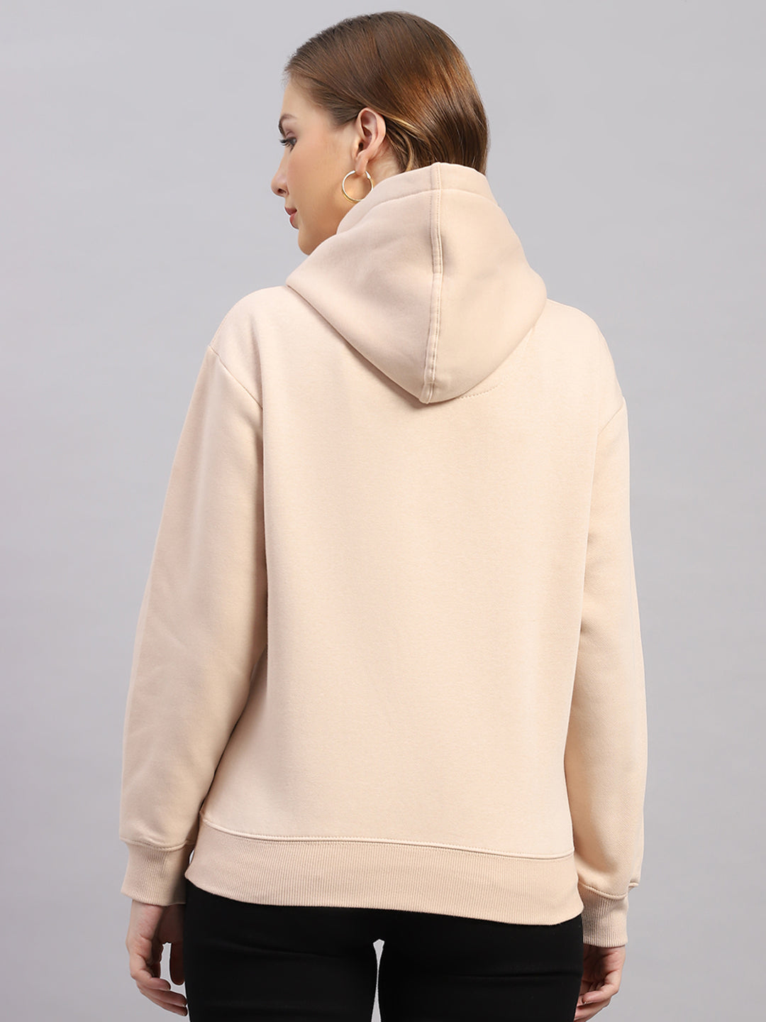 Women Beige Printed Hooded Full Sleeve Sweatshirt