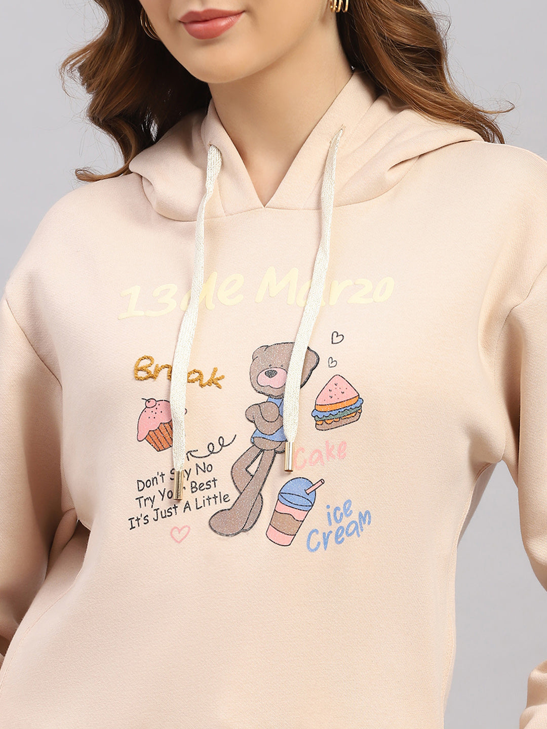 Women Beige Printed Hooded Full Sleeve Sweatshirt