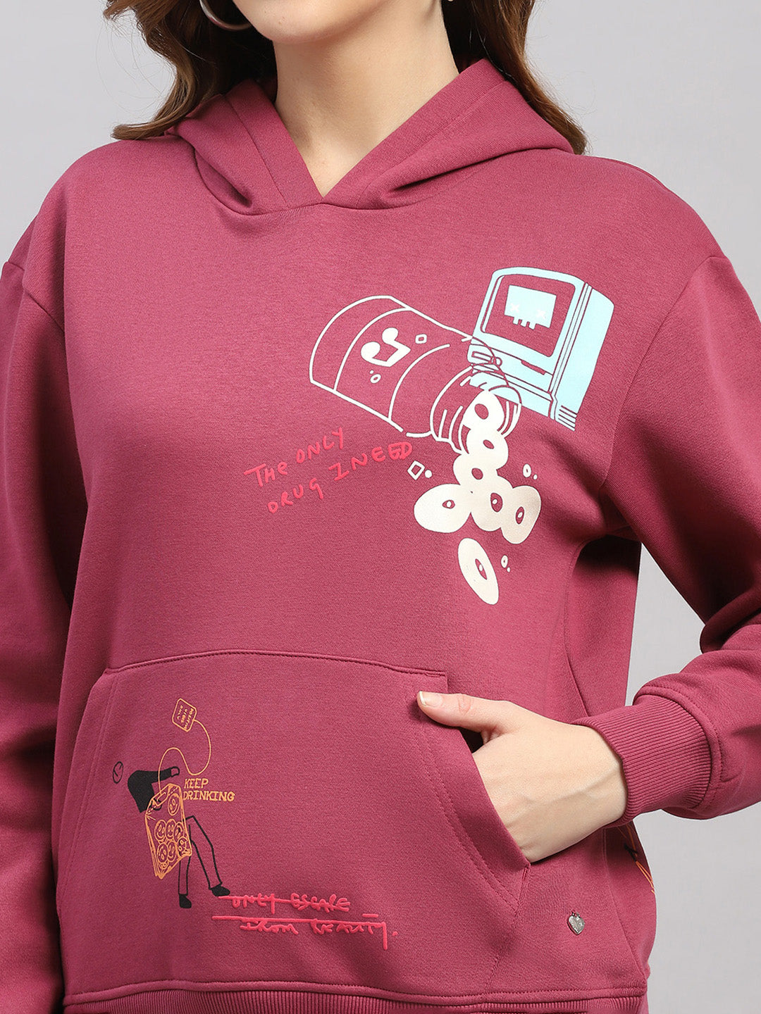 Women Rose Pink Printed Hooded Full Sleeve Sweatshirt