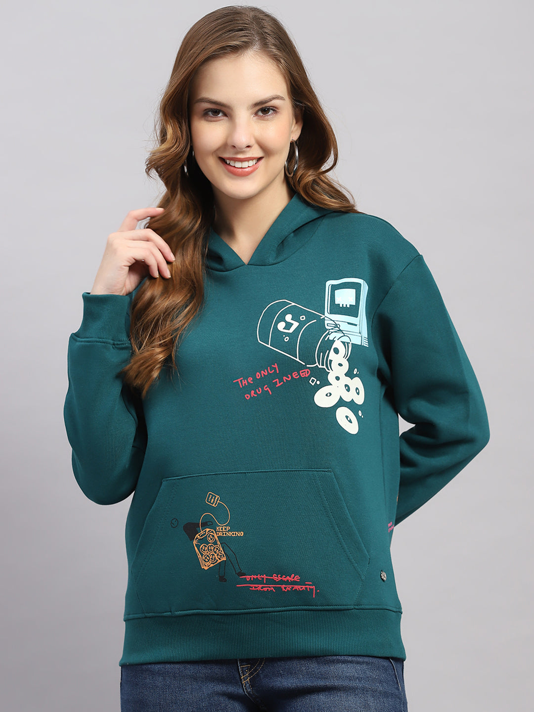 Women Green Printed Hooded Full Sleeve Sweatshirt