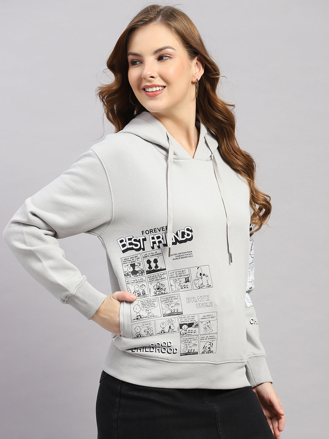 Women Grey Printed Hooded Full Sleeve Sweatshirt