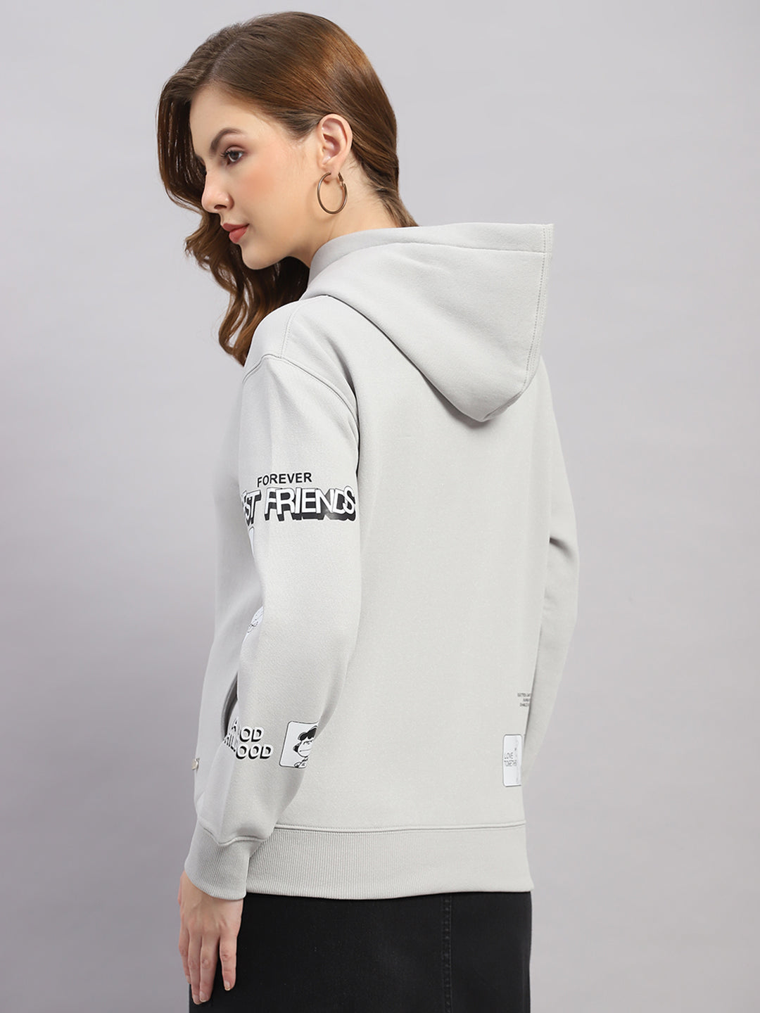 Women Grey Printed Hooded Full Sleeve Sweatshirt