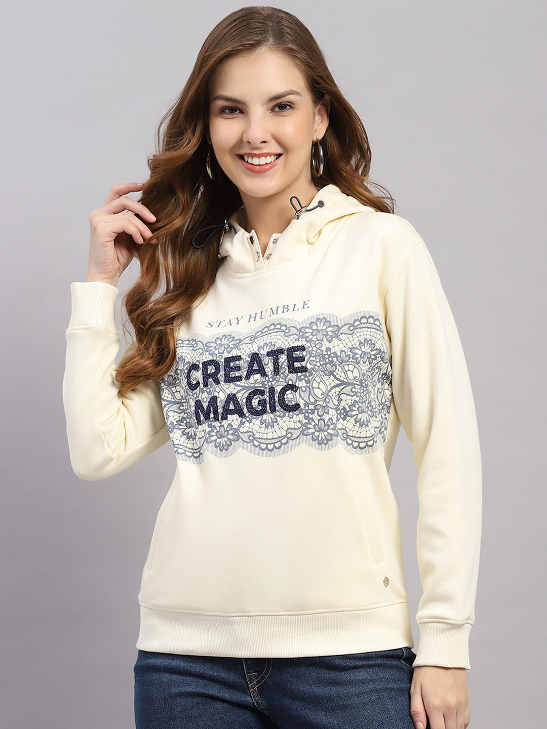 Women Cream Printed Hooded Full Sleeve Sweatshirt