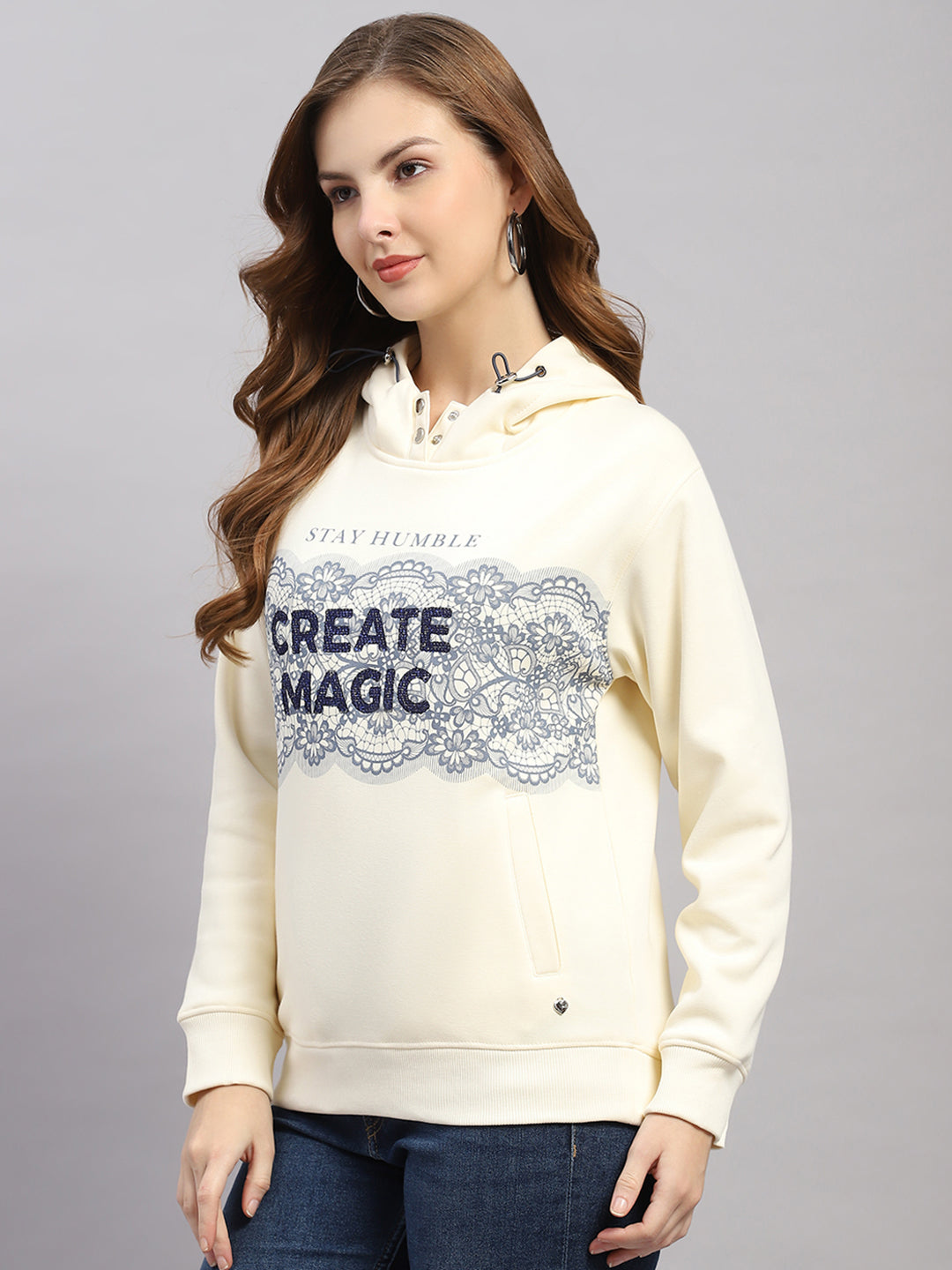 Women Cream Printed Hooded Full Sleeve Sweatshirt