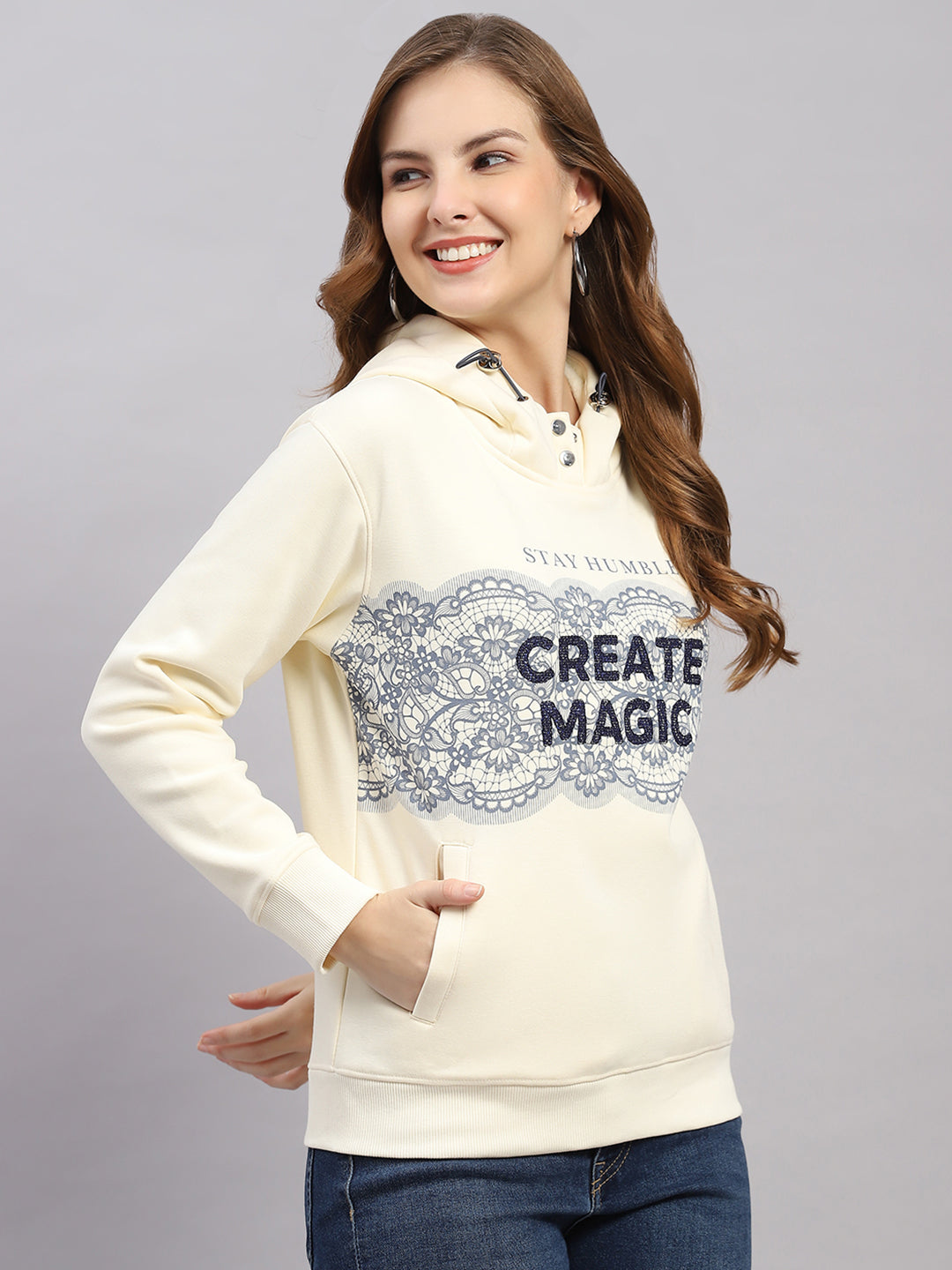Women Cream Printed Hooded Full Sleeve Sweatshirt