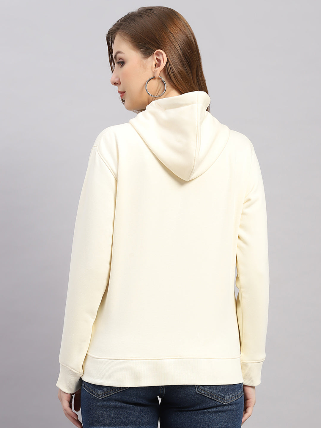 Women Cream Printed Hooded Full Sleeve Sweatshirt