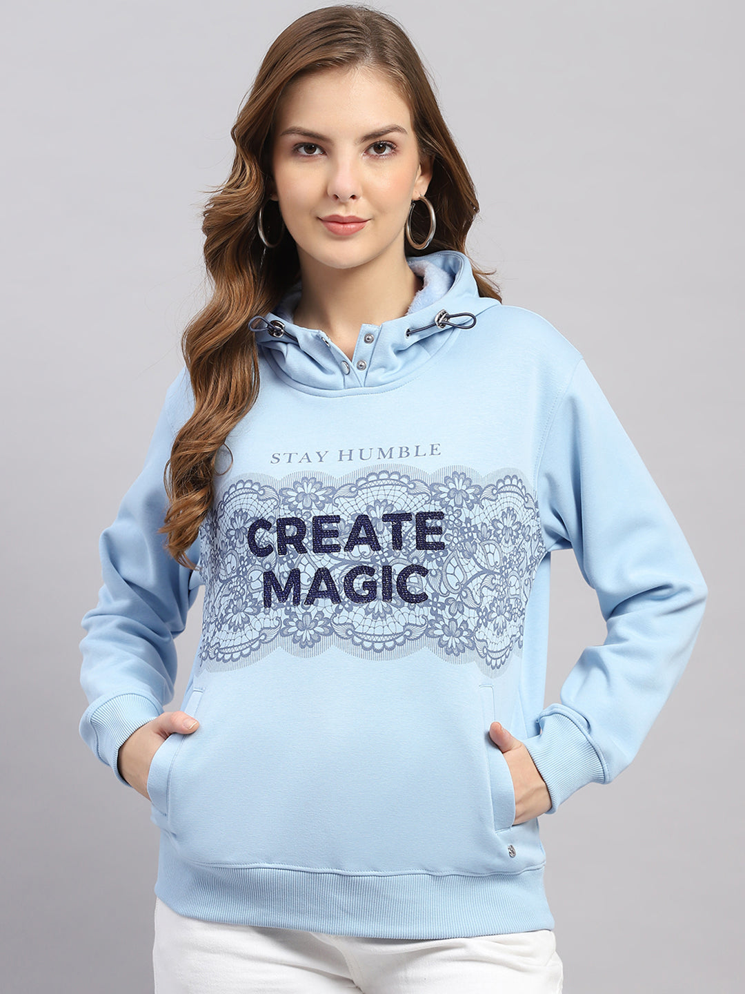 Women Sky Blue Printed Hooded Full Sleeve Sweatshirt