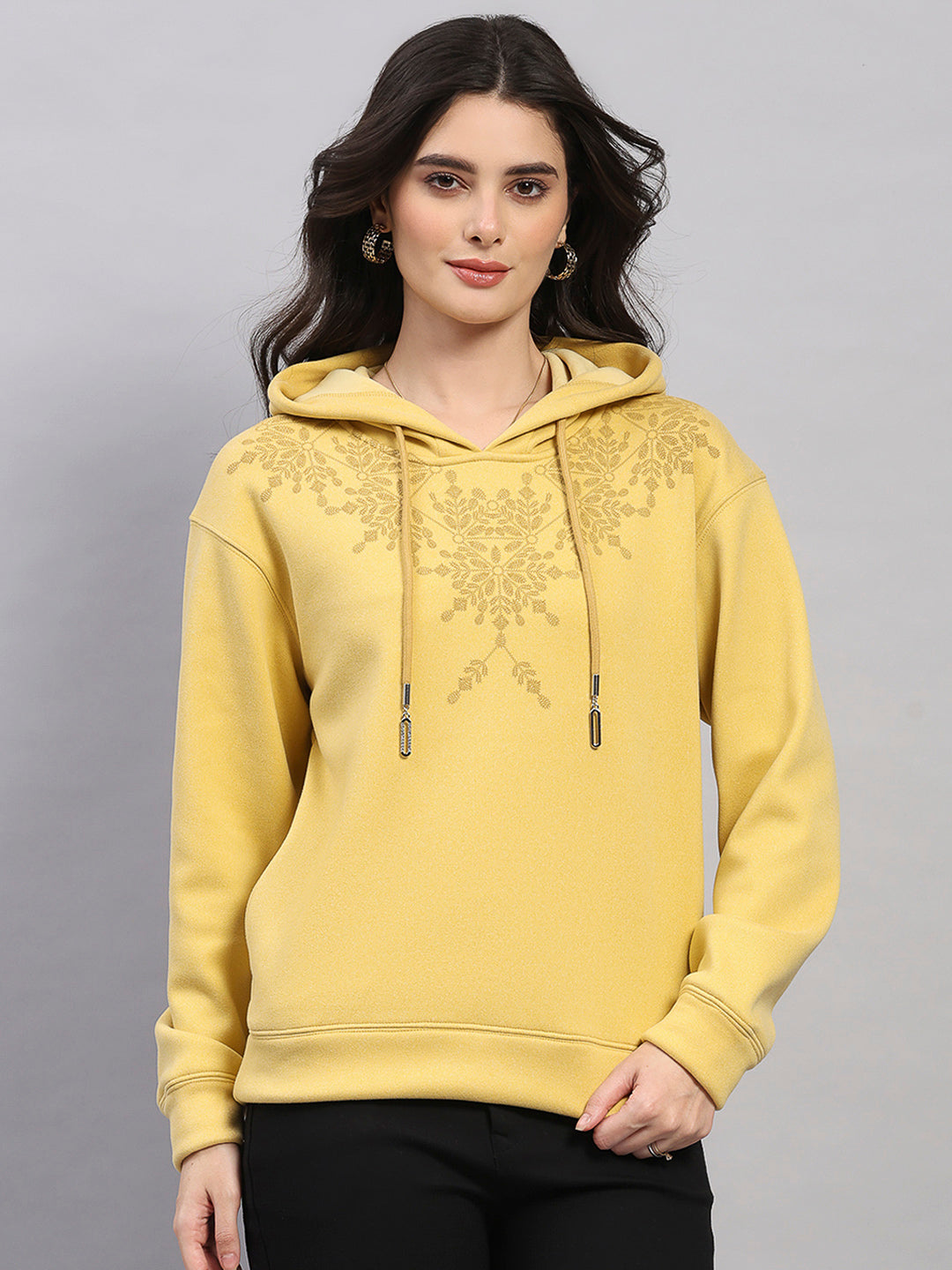 Women Yellow Printed Hooded Full Sleeve Sweatshirt