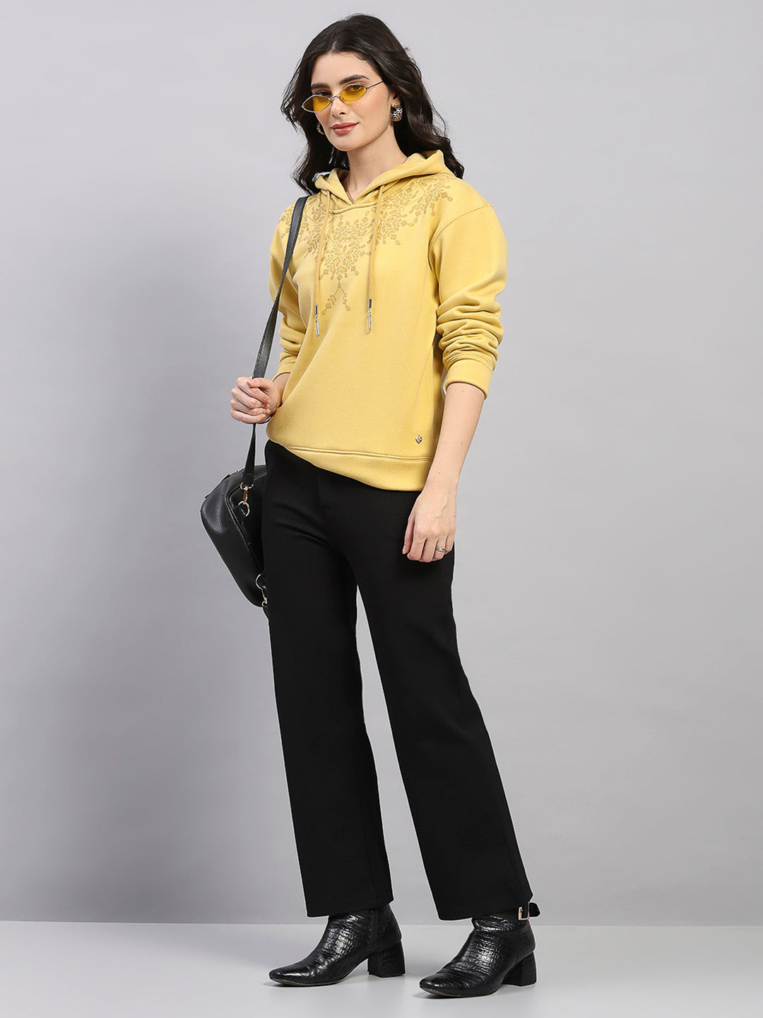 Women Yellow Printed Hooded Full Sleeve Sweatshirt