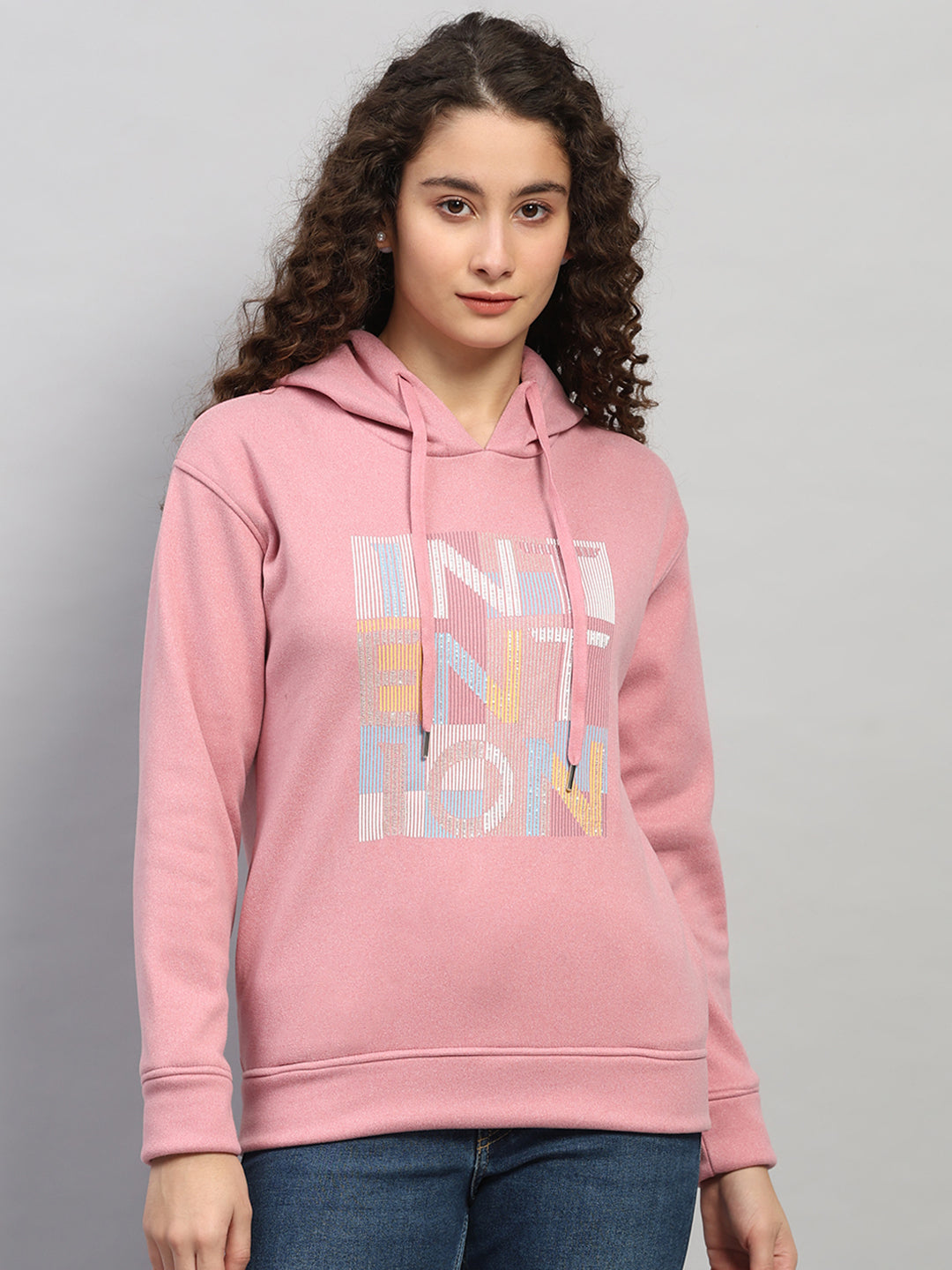 Women Pink Printed Hooded Full Sleeve Sweatshirt