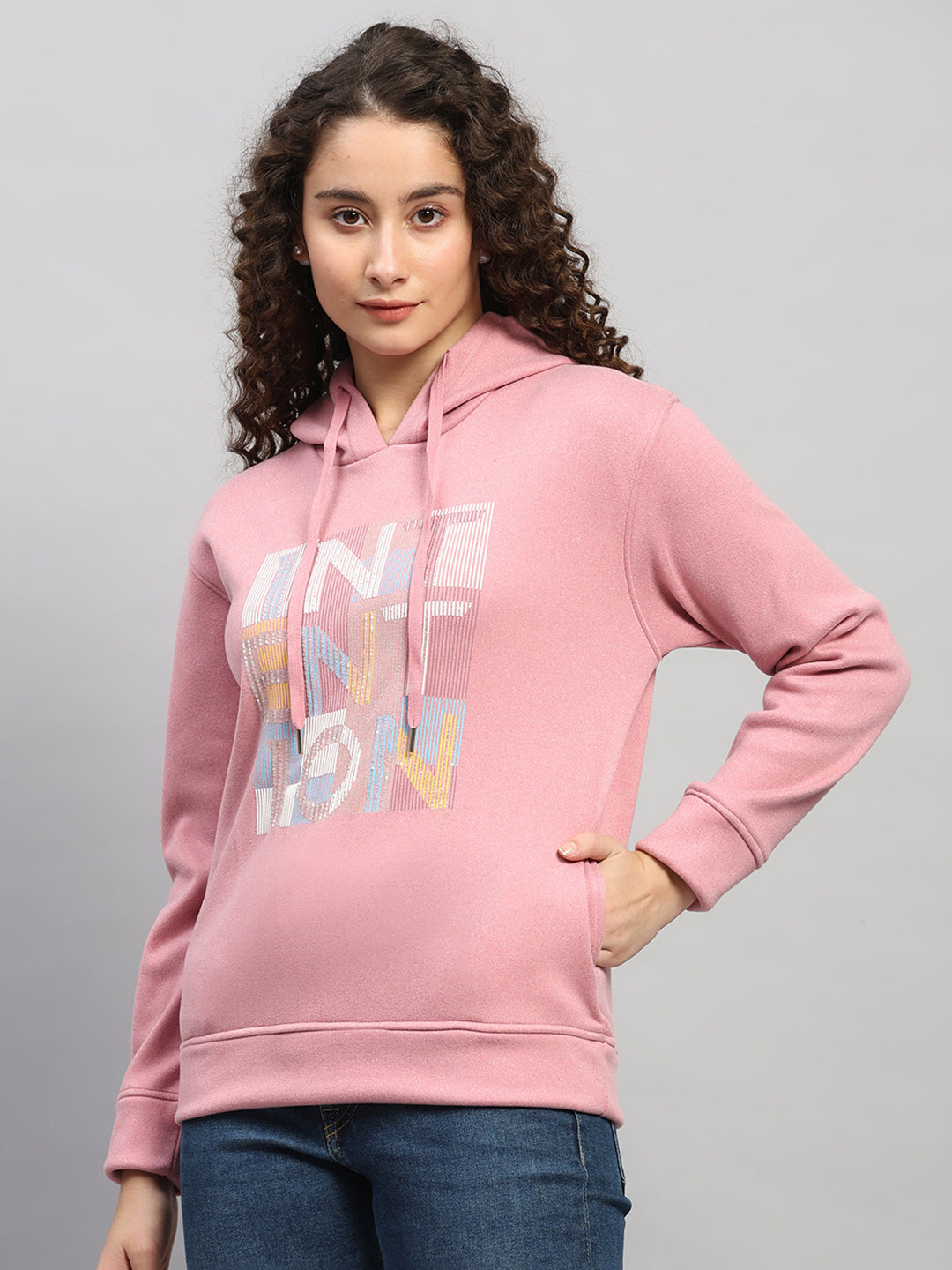 Women Pink Printed Hooded Full Sleeve Sweatshirt