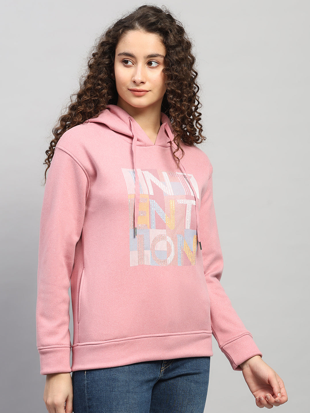 Women Pink Printed Hooded Full Sleeve Sweatshirt