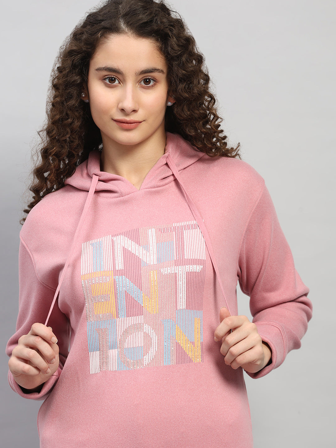 Women Pink Printed Hooded Full Sleeve Sweatshirt