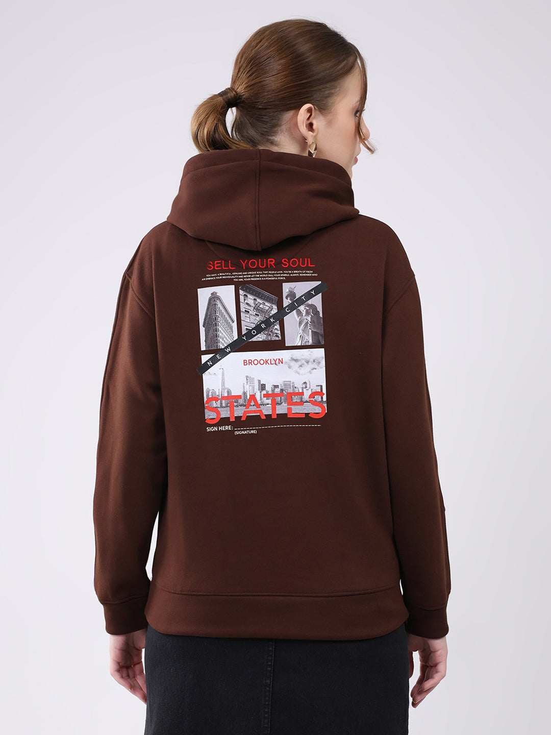 Women Brown Printed Hooded Full Sleeve Sweatshirt