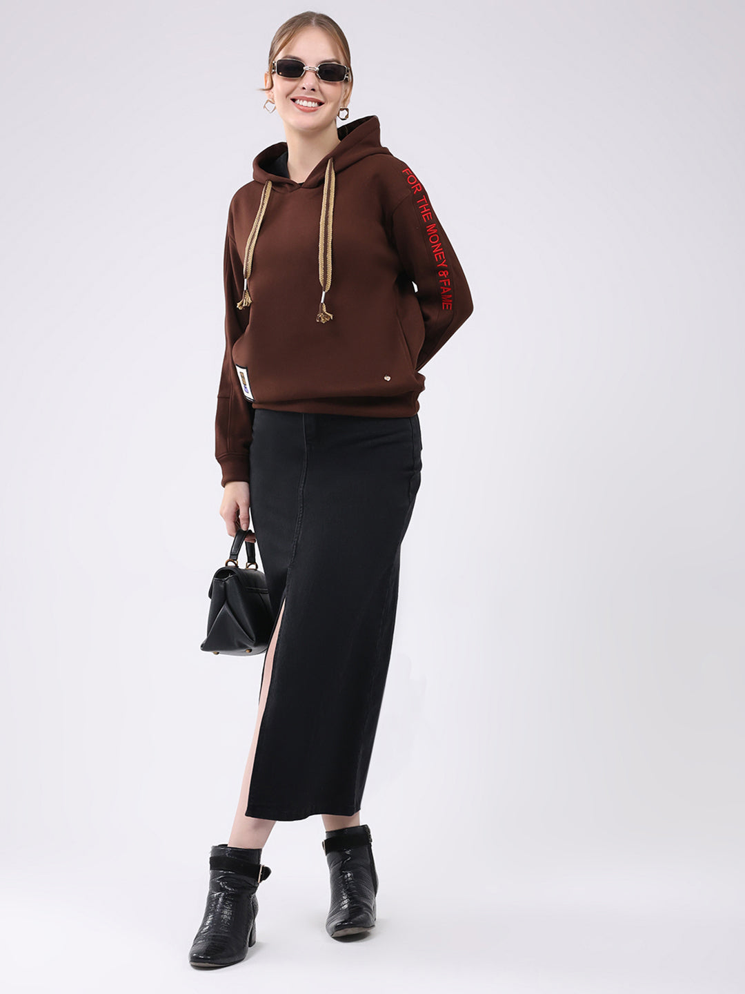 Women Brown Printed Hooded Full Sleeve Sweatshirt