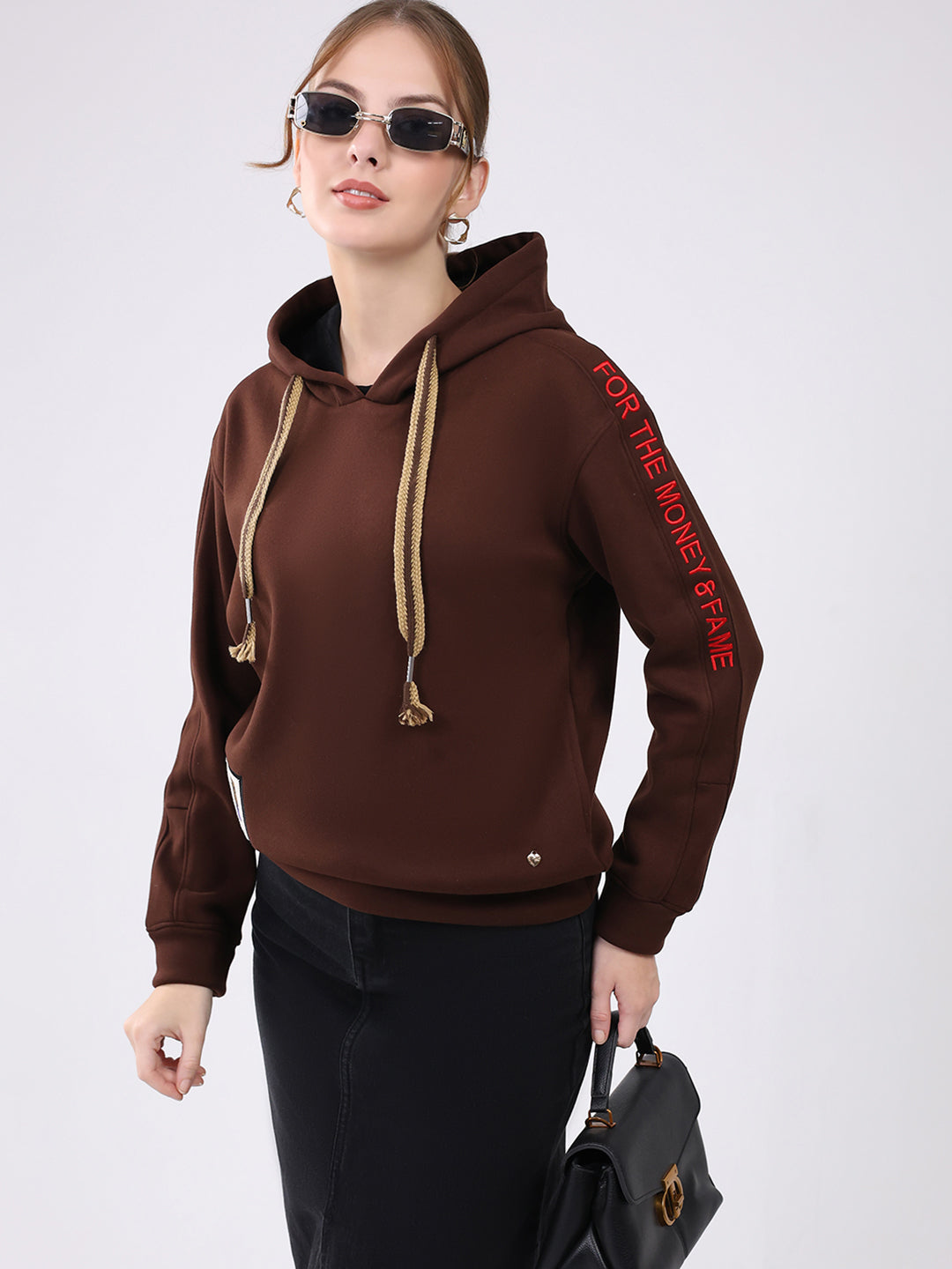 Women Brown Printed Hooded Full Sleeve Sweatshirt