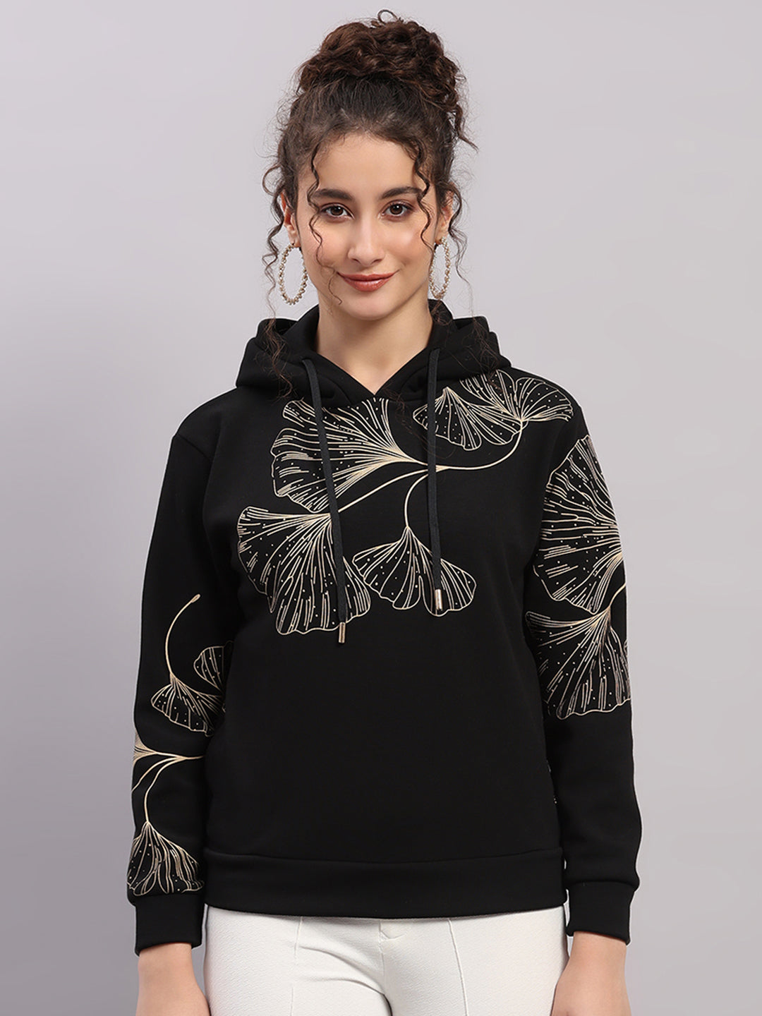 Women Black Printed Hooded Full Sleeve Sweatshirt