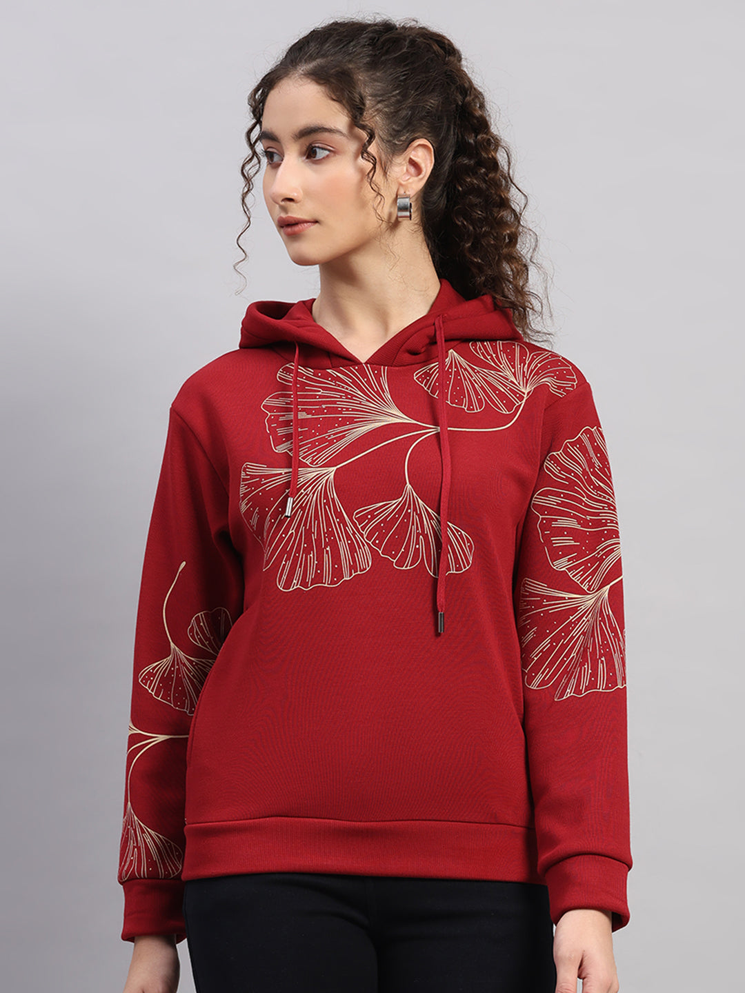 Women Maroon Printed Hooded Full Sleeve Sweatshirt