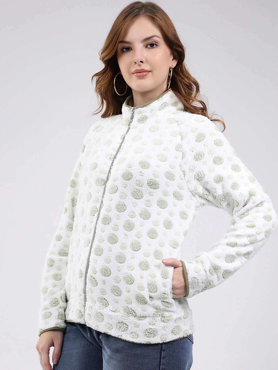 Women White Self Design Mock Neck Full Sleeve Sweatshirt