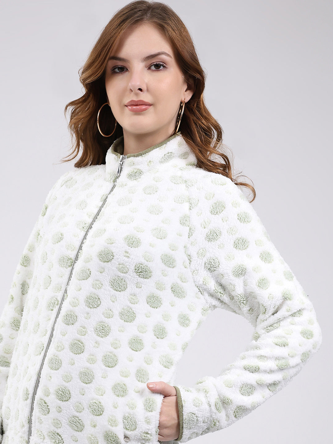 Women White Self Design Mock Neck Full Sleeve Sweatshirt