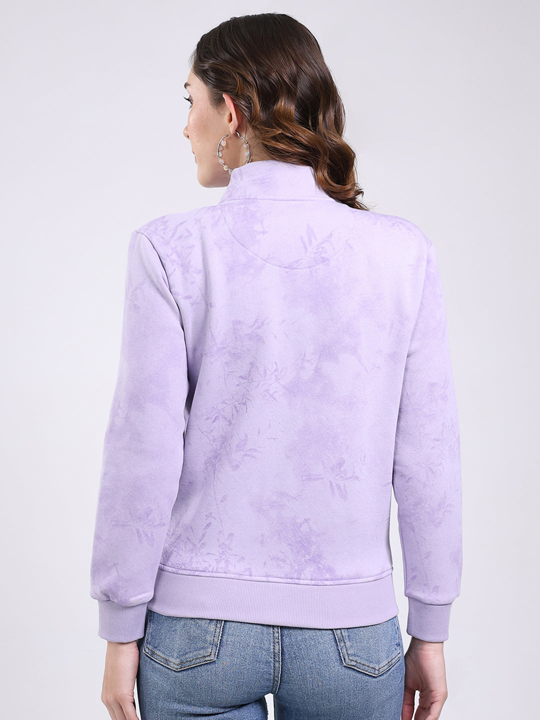 Women Purple Self Design Mock Neck Full Sleeve Sweatshirt