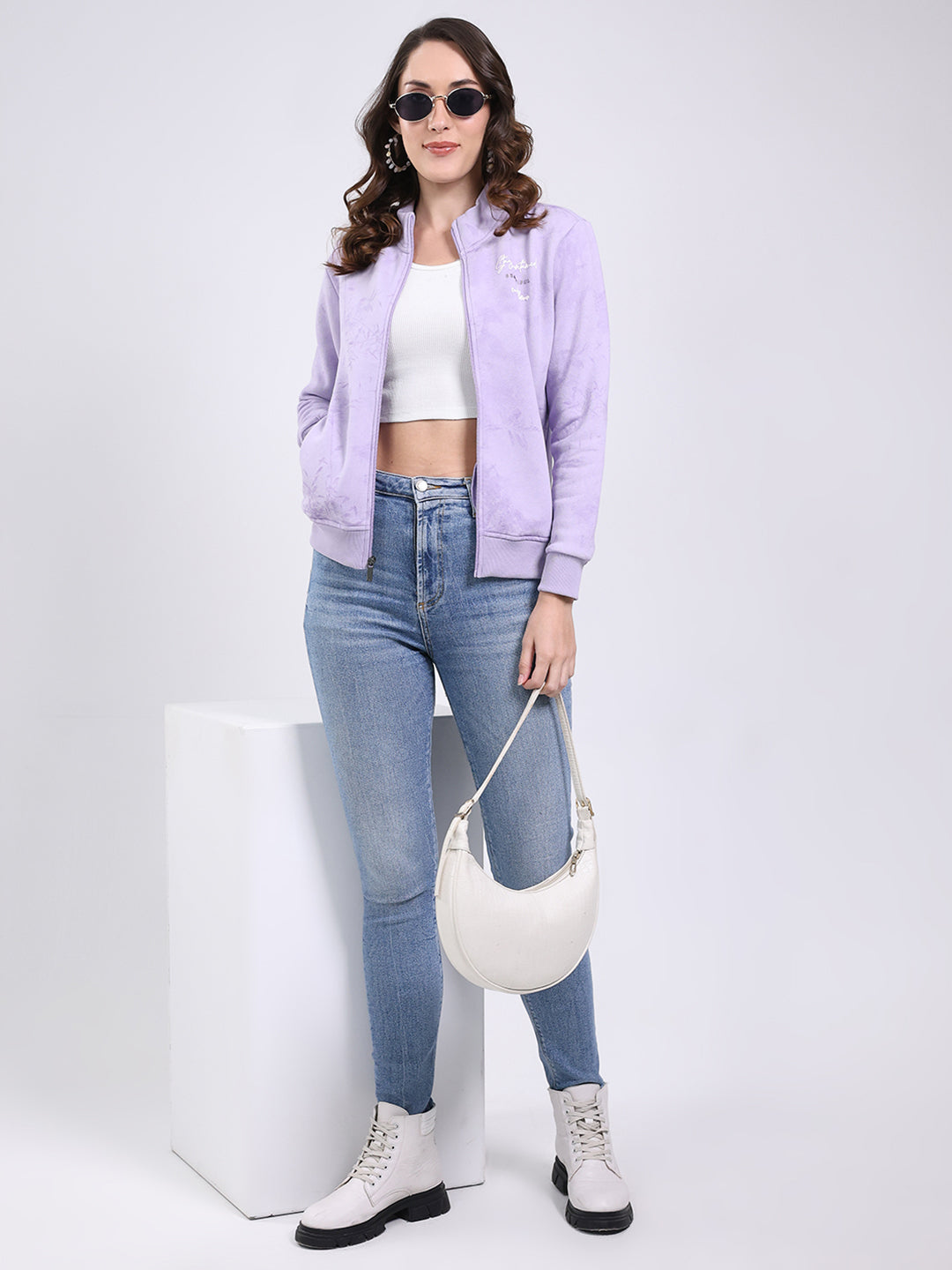 Women Purple Self Design Mock Neck Full Sleeve Sweatshirt