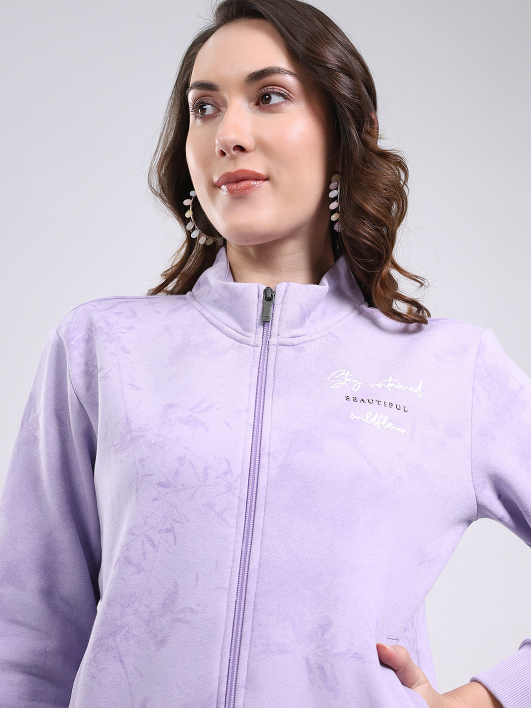 Women Purple Self Design Mock Neck Full Sleeve Sweatshirt