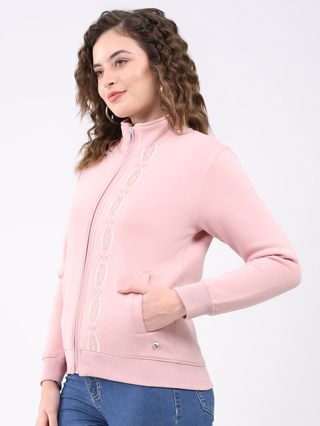 Women Pink Solid Mock Neck Full Sleeve Sweatshirt