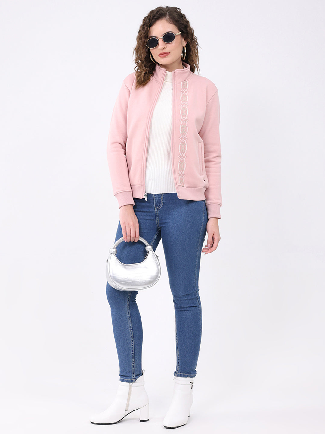 Women Pink Solid Mock Neck Full Sleeve Sweatshirt