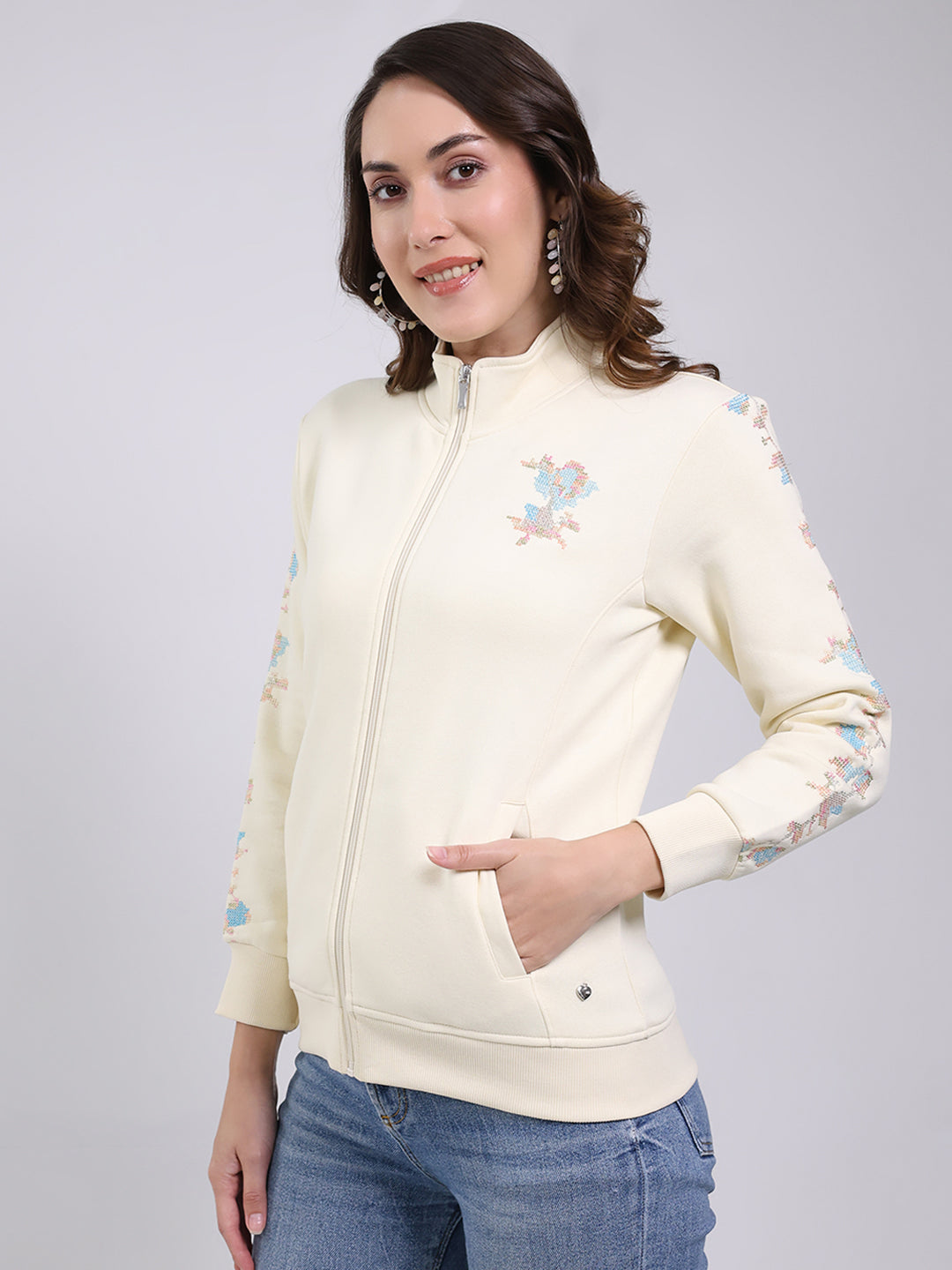 Women Cream Self Design Mock Neck Full Sleeve Sweatshirt