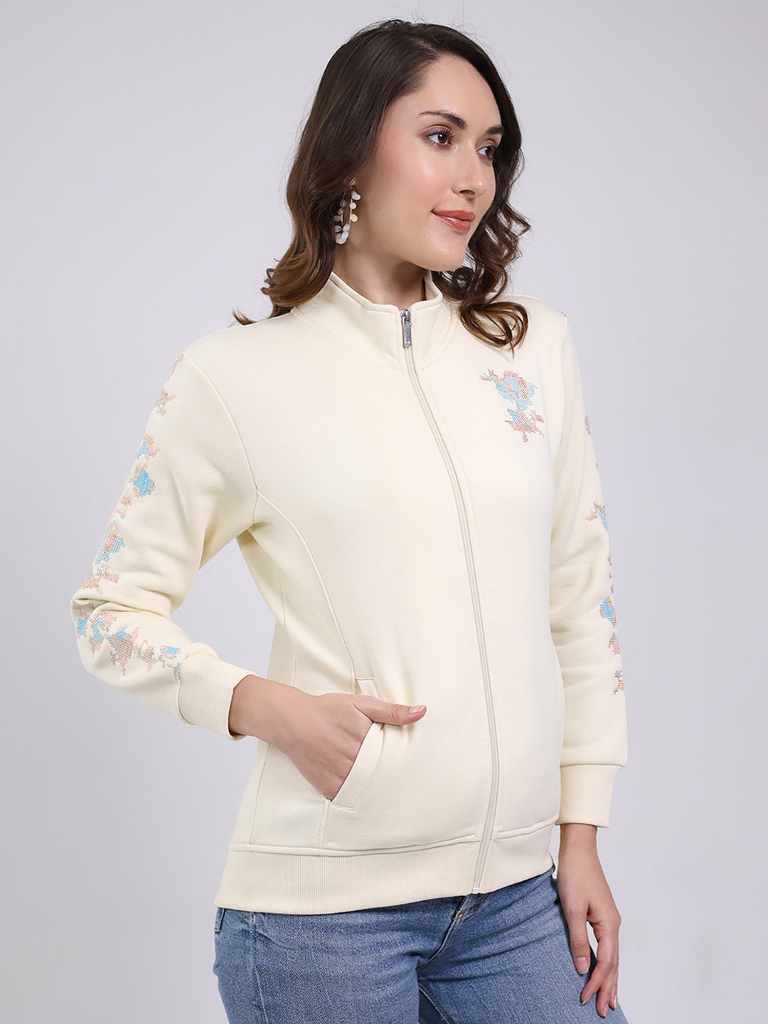 Women Cream Self Design Mock Neck Full Sleeve Sweatshirt