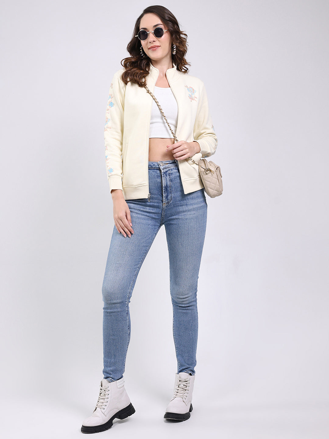 Women Cream Self Design Mock Neck Full Sleeve Sweatshirt