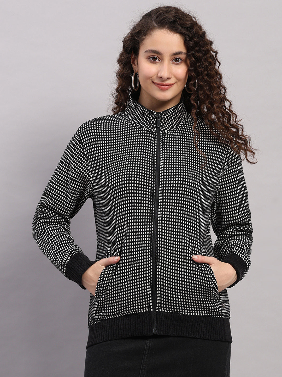 Women Black Self Design Round Neck Full Sleeve Sweatshirt