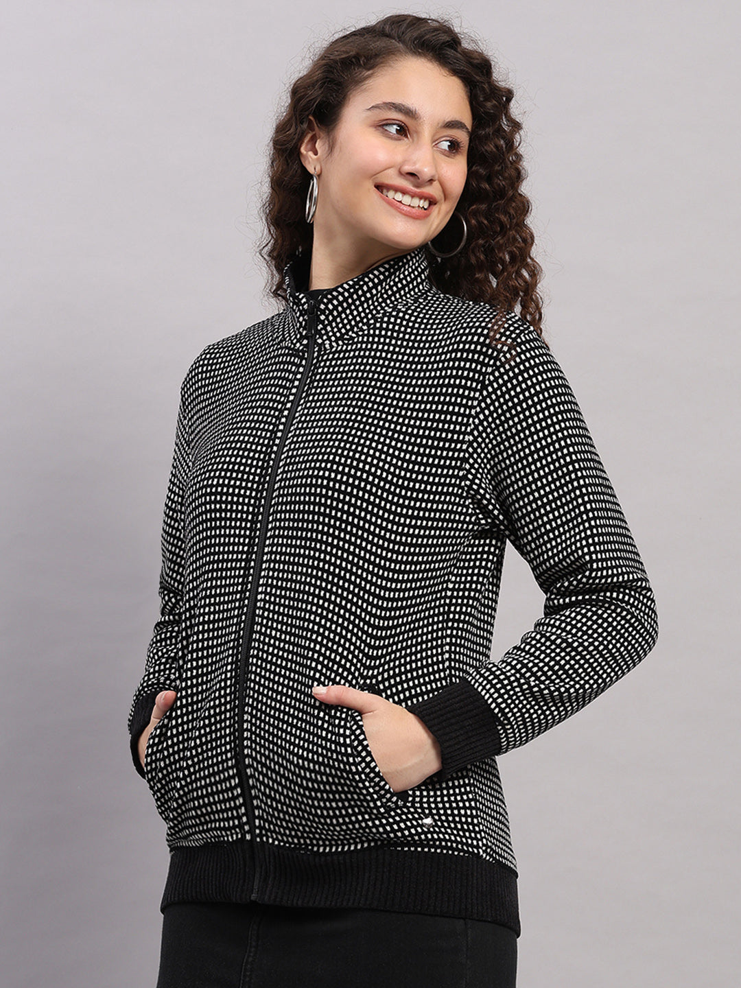 Women Black Self Design Round Neck Full Sleeve Sweatshirt