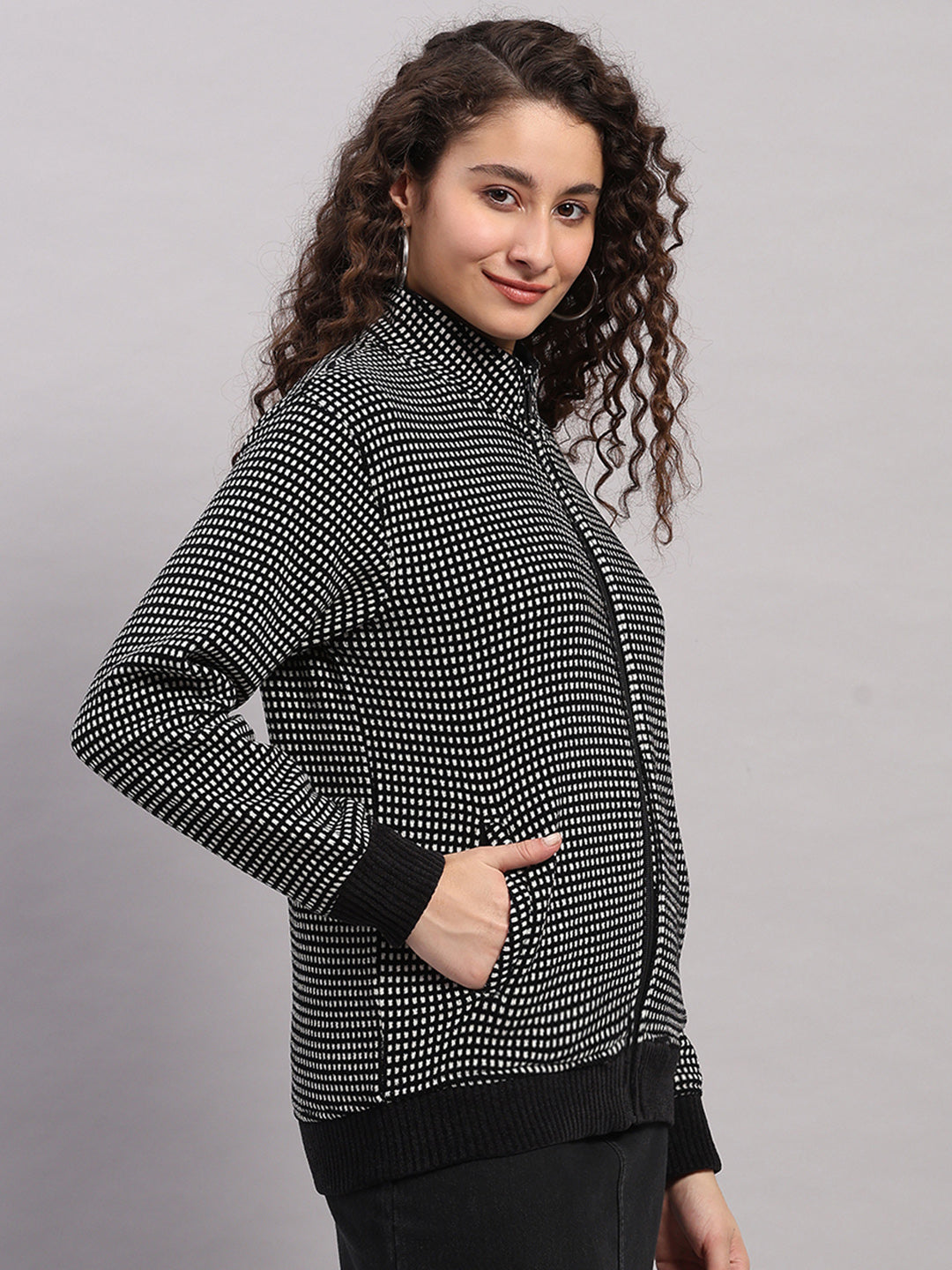 Women Black Self Design Round Neck Full Sleeve Sweatshirt