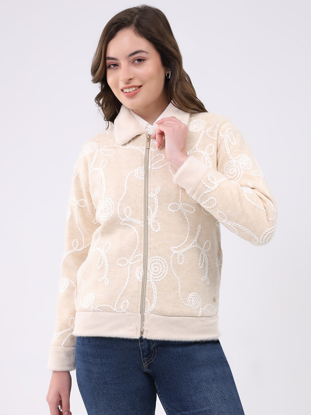 Women Beige Self Design Collar Full Sleeve Sweatshirt