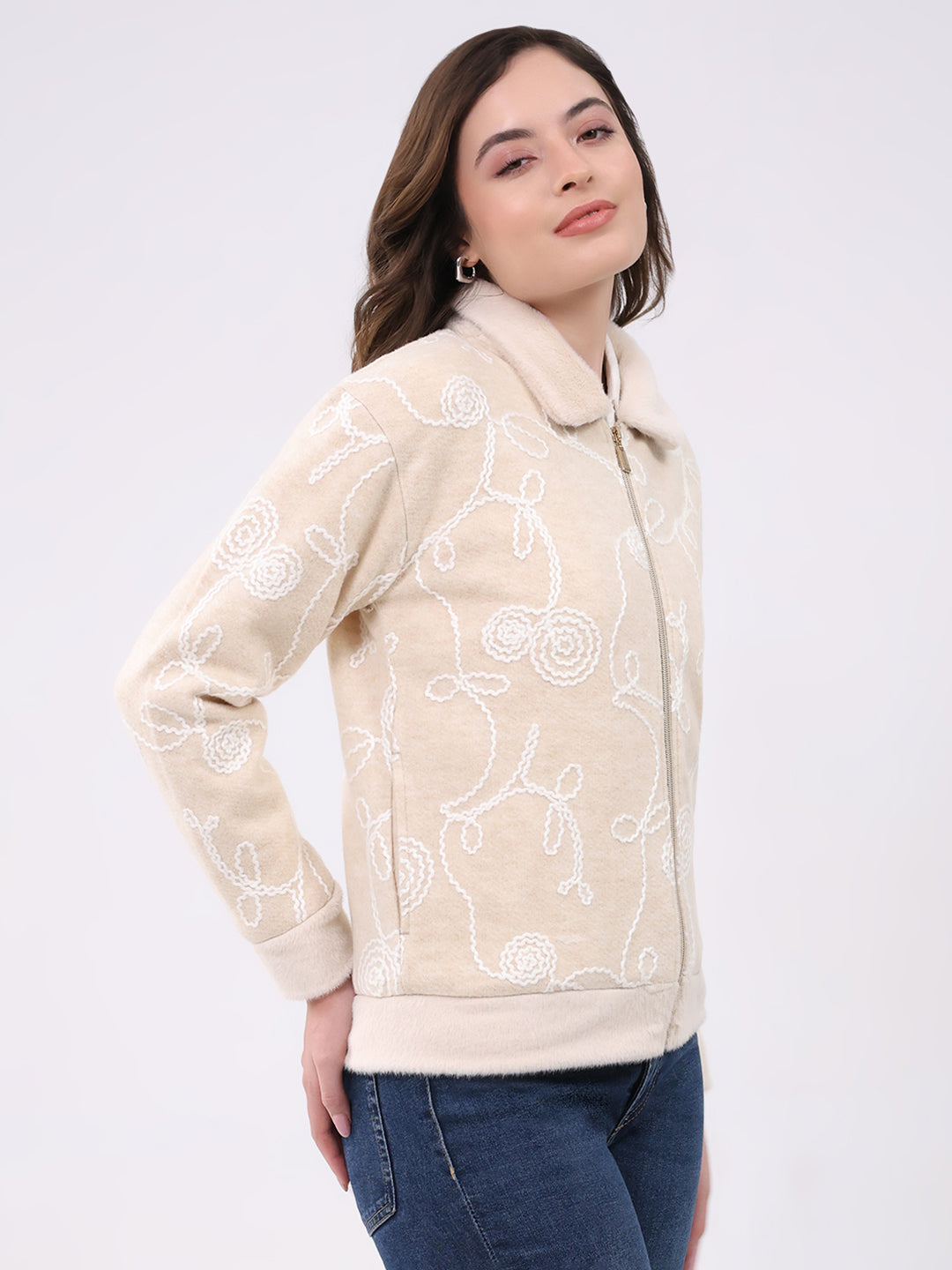 Women Beige Self Design Collar Full Sleeve Sweatshirt