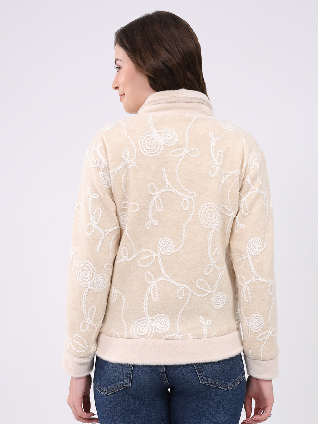 Women Beige Self Design Collar Full Sleeve Sweatshirt