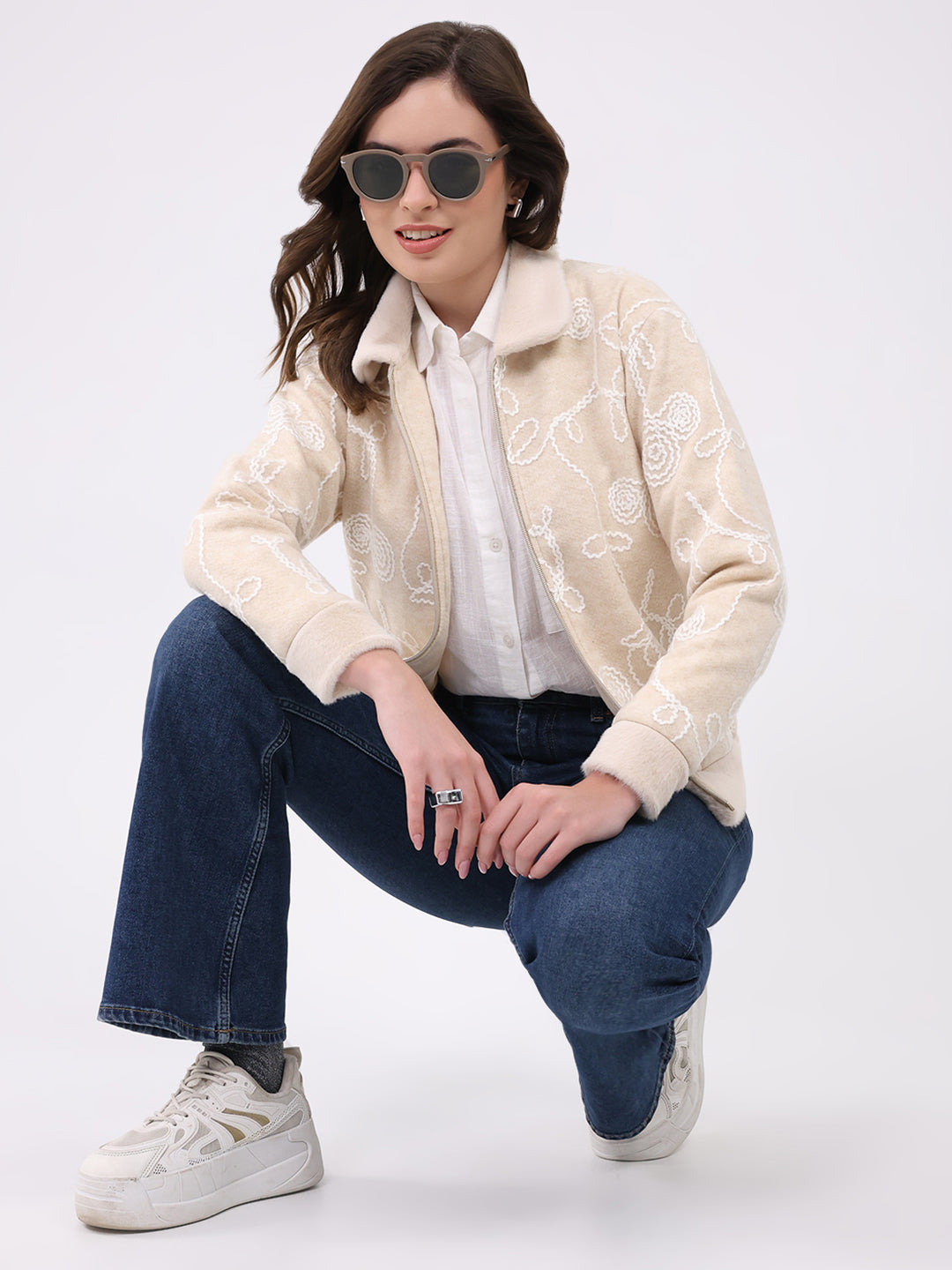 Women Beige Self Design Collar Full Sleeve Sweatshirt