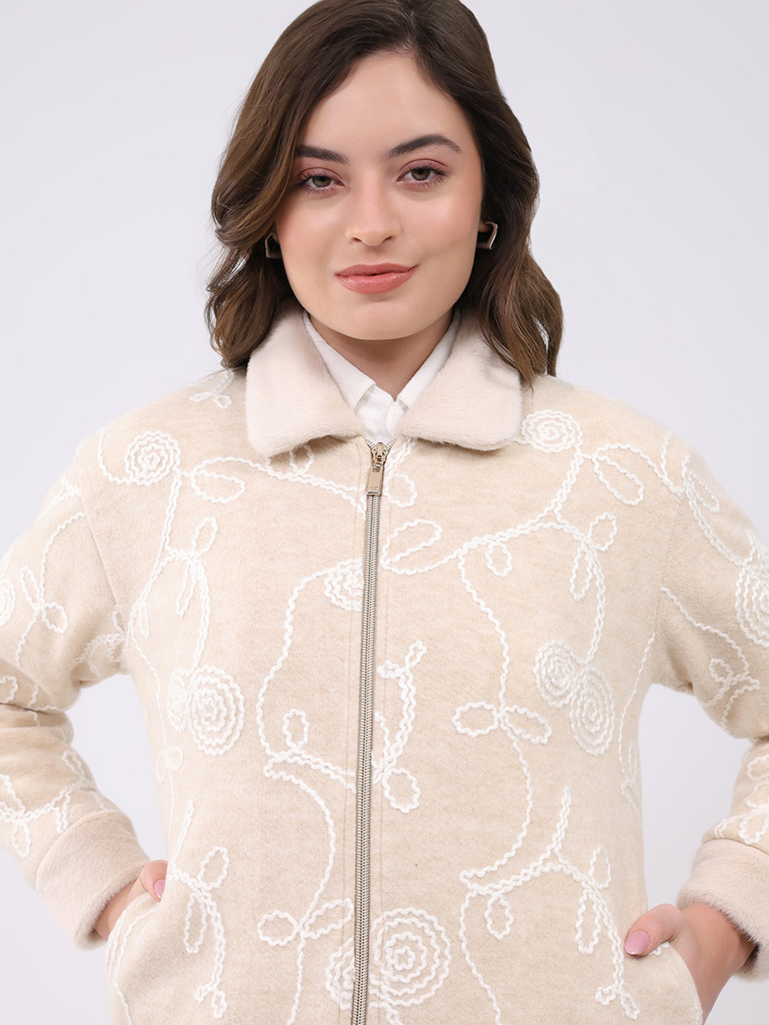 Women Beige Self Design Collar Full Sleeve Sweatshirt
