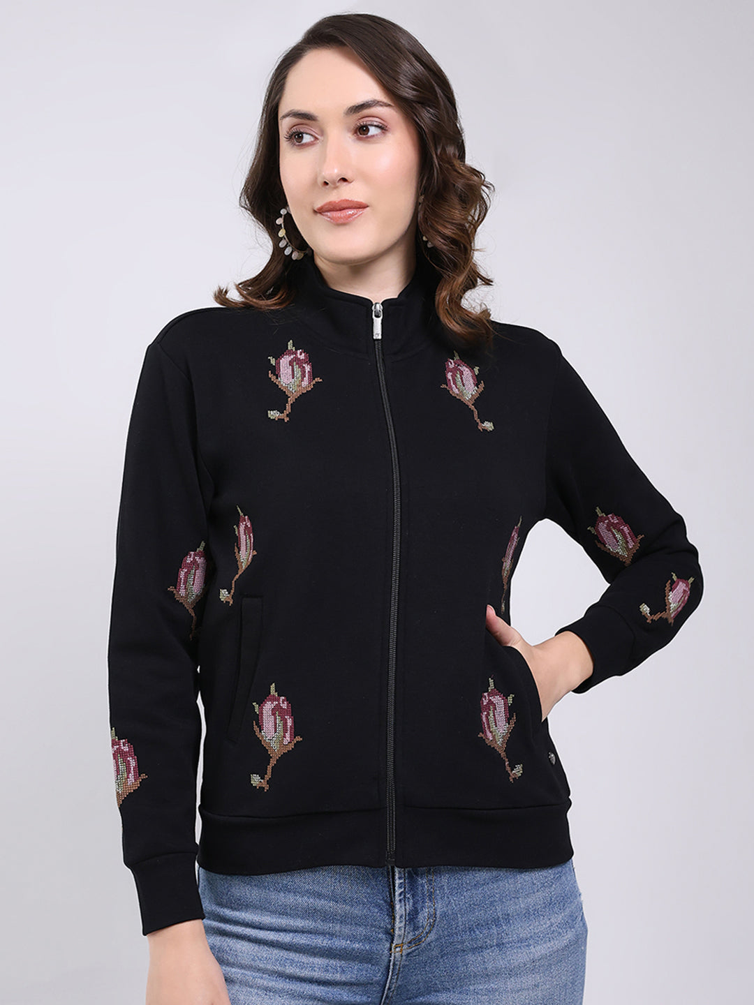 Women Black Self Design Mock Neck Full Sleeve Sweatshirt